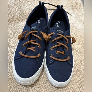 Sperry Navy Canvas Sneakers with Brown Laces